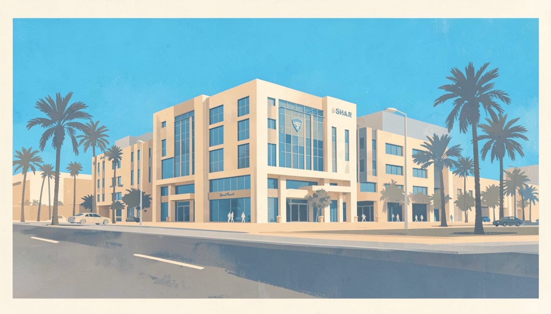 Warm beige and sandy tones with soft blue accents, a matte gouache poster painting of a modern commercial building facade