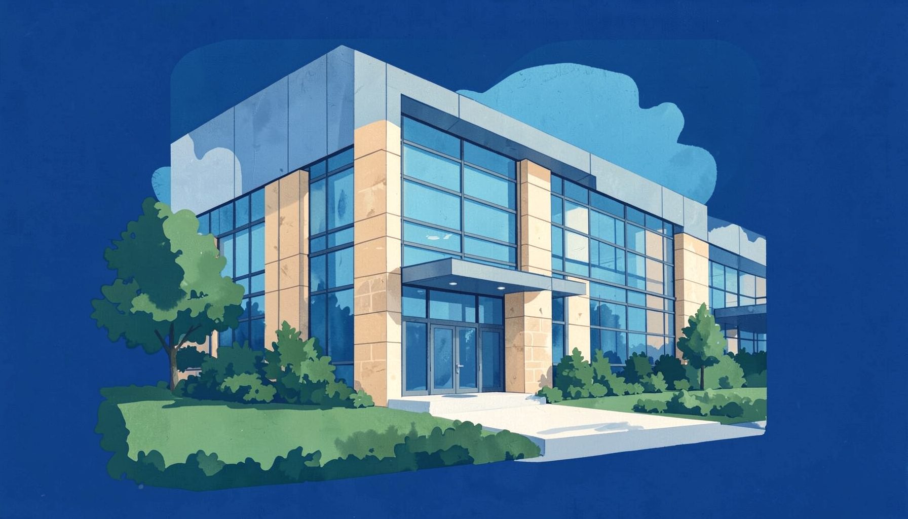 A matte gouache poster painting of a modern glass office building entrance with warm beige stone accents, soft blue sky, and green landscaping, conveying a professional and welcoming business atmosphere